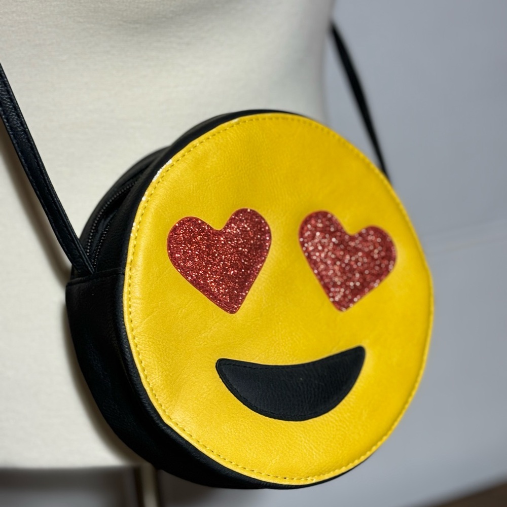Smiley face emoji crossbody purse. Yellow face/red glitter eyes body 7” …
